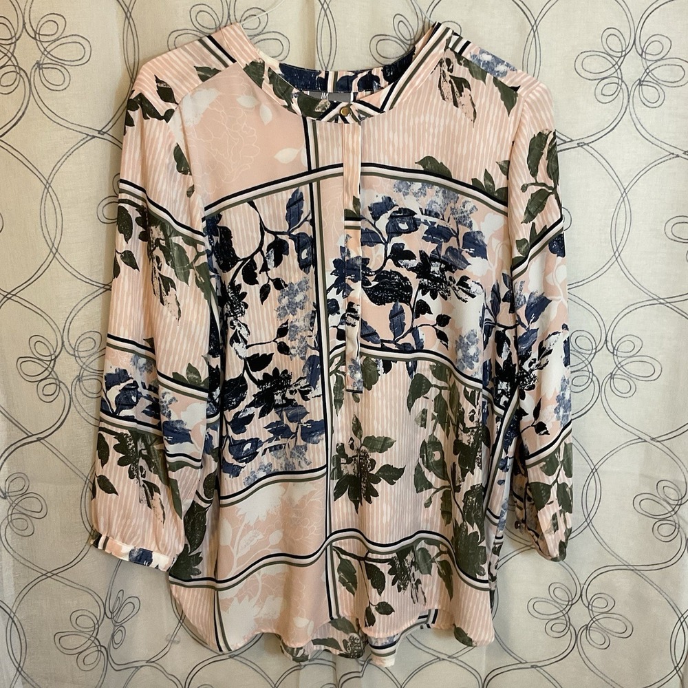 JM COLLECTION Women's Tunic Pink Floral Sheer‎ Polyester 1/2 Button Blouse XL